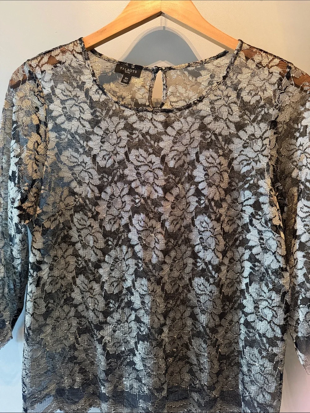 Talbots Black and Gold Floral Lace Sheer Blouse Size 10p